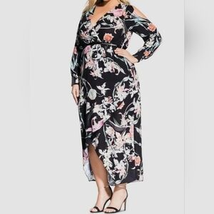 City Chic Cold Shoulder Floral Long Sleeve Dress